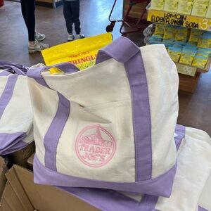 CUTE Trader Joe’s viral LARGE Lilac Lavender & Ivory reusable Canvas Tote Bag